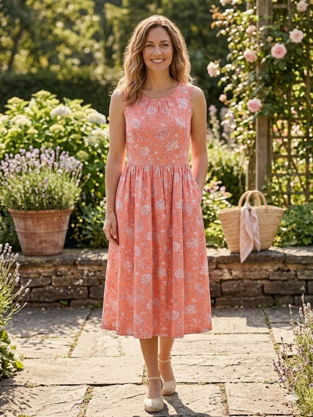 J. Crew coral peach midi dress floral cotton sleeveless tie back pockets Sz 6